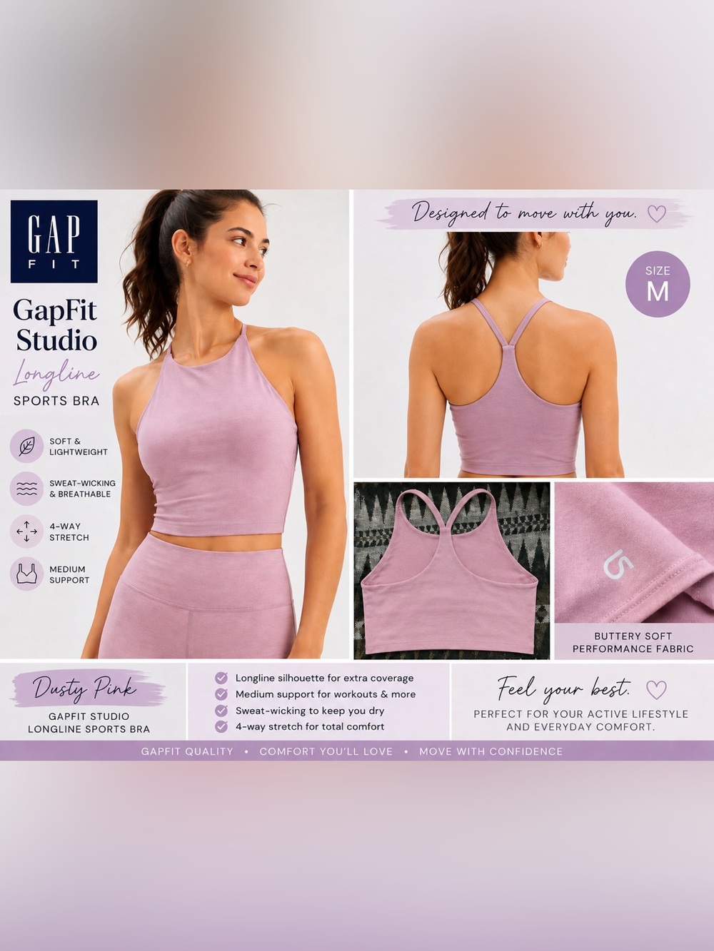🔥 4/$20 Mix&Match 🔥 Dusty Pink GAPFit Studio Bra – Size M